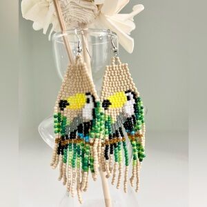 Handcrafted Toucan Beaded Earrings - Green and Yellow